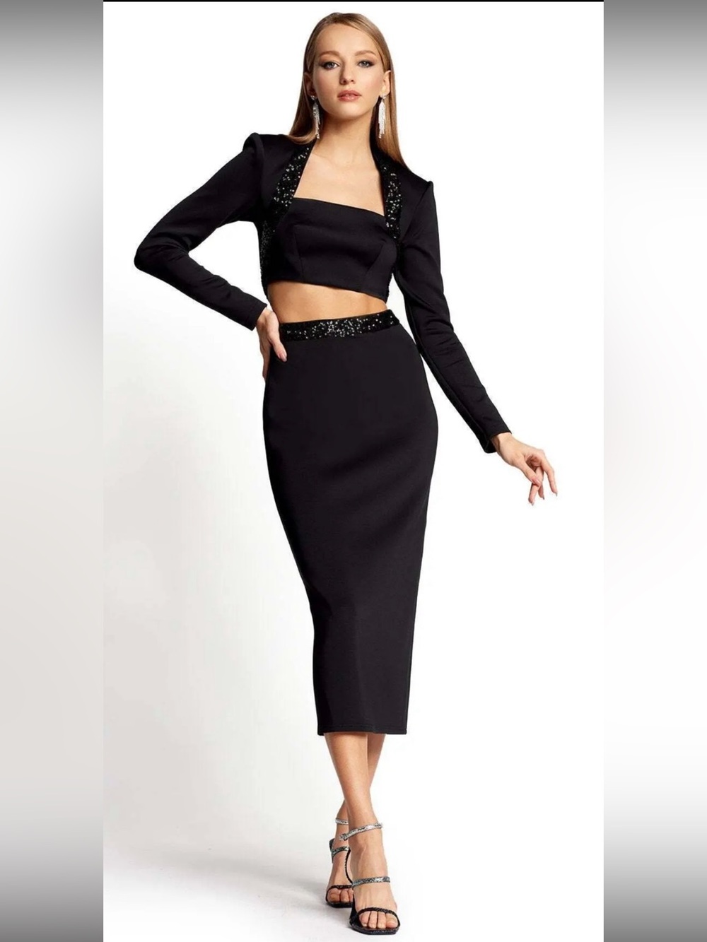 $288 Sz Small SHO by Tadashi Shoji Womens Black Cutout Sequin Long Sleeve Dress